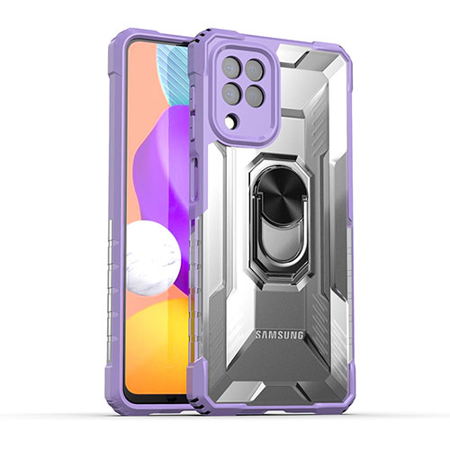 Silicone Matte Finish and Plastic Back Cover Case with Magnetic Finger Ring Stand J02S for Samsung Galaxy M32 4G Purple