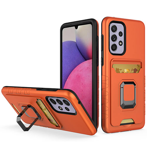 Silicone Matte Finish and Plastic Back Cover Case with Magnetic Finger Ring Stand J03S for Samsung Galaxy A33 5G Orange