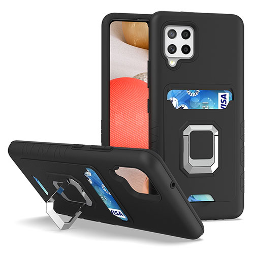 Silicone Matte Finish and Plastic Back Cover Case with Magnetic Finger Ring Stand J03S for Samsung Galaxy A42 5G Black