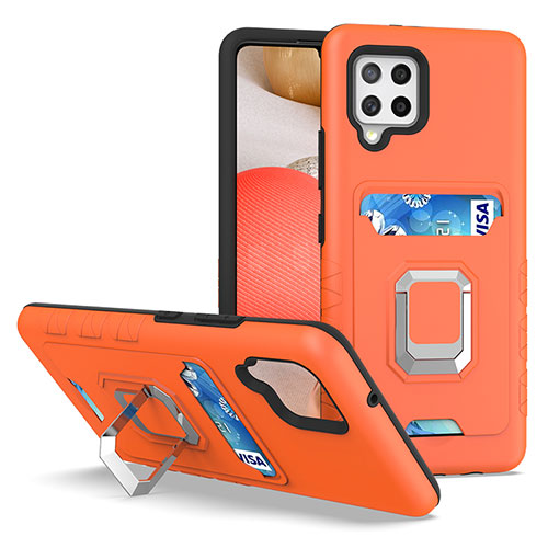 Silicone Matte Finish and Plastic Back Cover Case with Magnetic Finger Ring Stand J03S for Samsung Galaxy A42 5G Orange