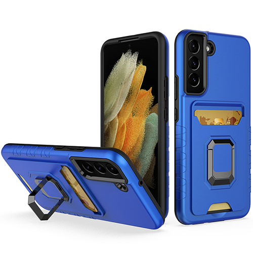 Silicone Matte Finish and Plastic Back Cover Case with Magnetic Finger Ring Stand J03S for Samsung Galaxy S23 Plus 5G Blue