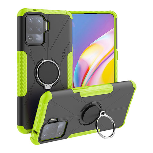 Silicone Matte Finish and Plastic Back Cover Case with Magnetic Finger Ring Stand JX1 for Oppo A94 4G Green