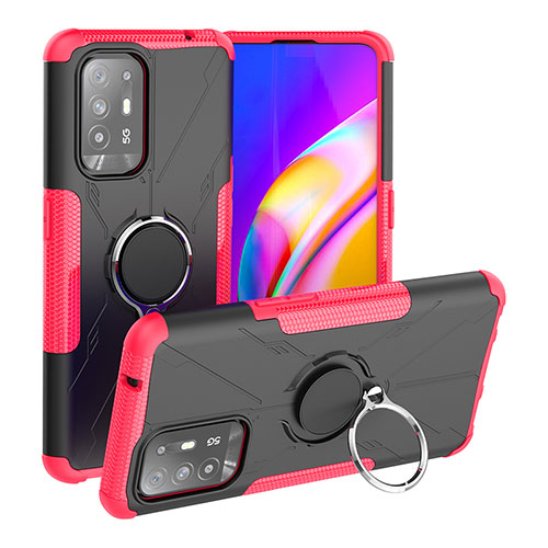 Silicone Matte Finish and Plastic Back Cover Case with Magnetic Finger Ring Stand JX1 for Oppo Reno5 Z 5G Red