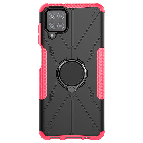 Silicone Matte Finish and Plastic Back Cover Case with Magnetic Finger Ring Stand JX1 for Samsung Galaxy F12 Hot Pink