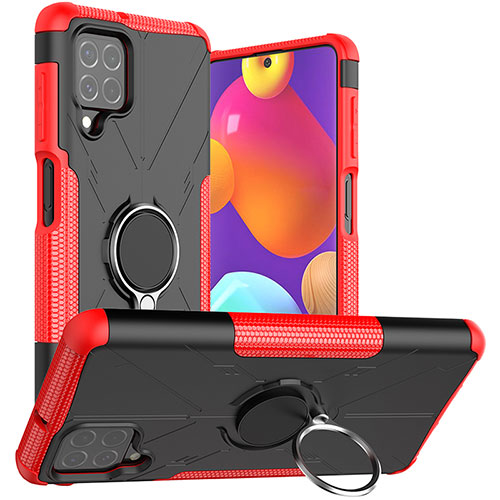 Silicone Matte Finish and Plastic Back Cover Case with Magnetic Finger Ring Stand JX1 for Samsung Galaxy F62 5G Red