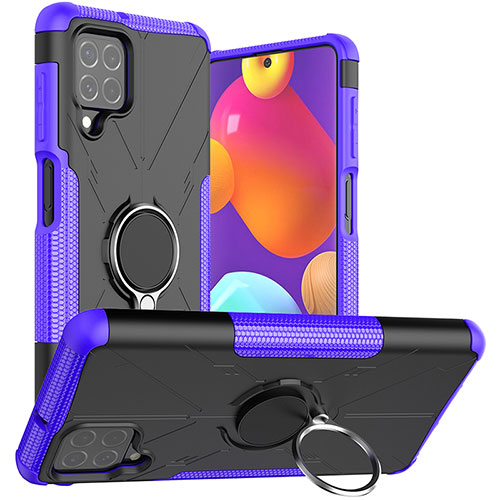 Silicone Matte Finish and Plastic Back Cover Case with Magnetic Finger Ring Stand JX1 for Samsung Galaxy M62 4G Purple