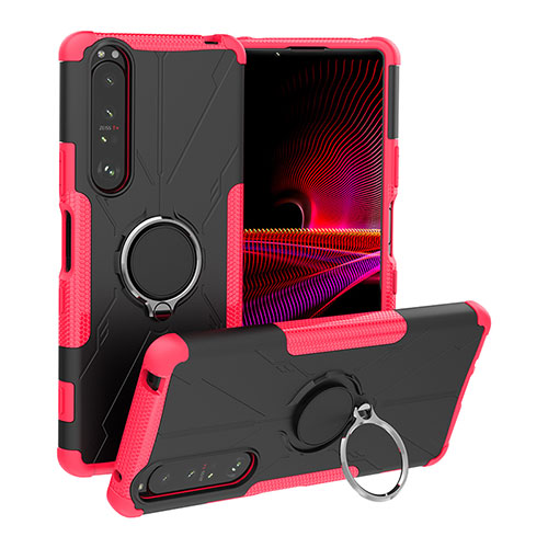 Silicone Matte Finish and Plastic Back Cover Case with Magnetic Finger Ring Stand JX1 for Sony Xperia 1 III Hot Pink