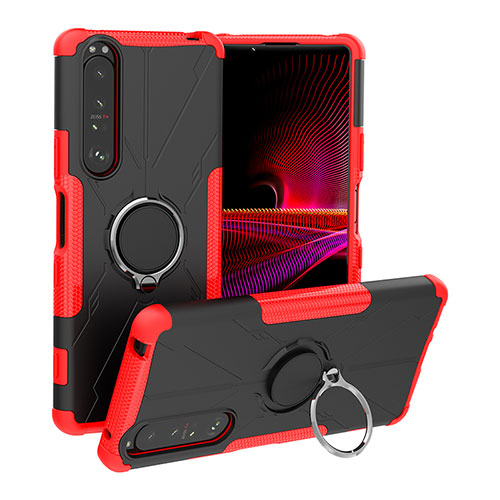 Silicone Matte Finish and Plastic Back Cover Case with Magnetic Finger Ring Stand JX1 for Sony Xperia 1 III Red
