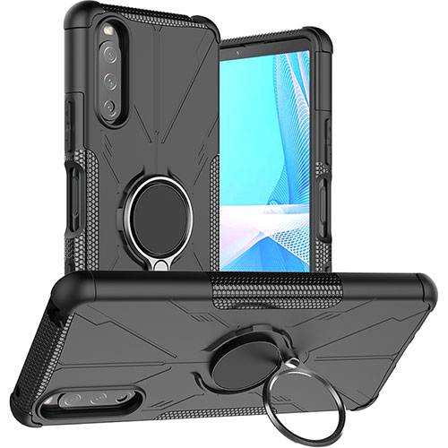 Silicone Matte Finish and Plastic Back Cover Case with Magnetic Finger Ring Stand JX1 for Sony Xperia 10 III Black