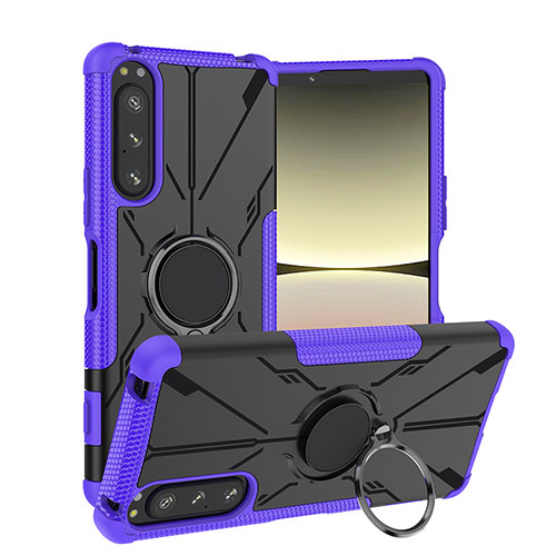Silicone Matte Finish and Plastic Back Cover Case with Magnetic Finger Ring Stand JX1 for Sony Xperia 5 IV Purple
