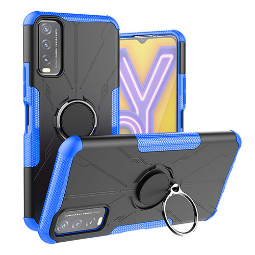 Silicone Matte Finish and Plastic Back Cover Case with Magnetic Finger Ring Stand JX1 for Vivo Y11s Blue