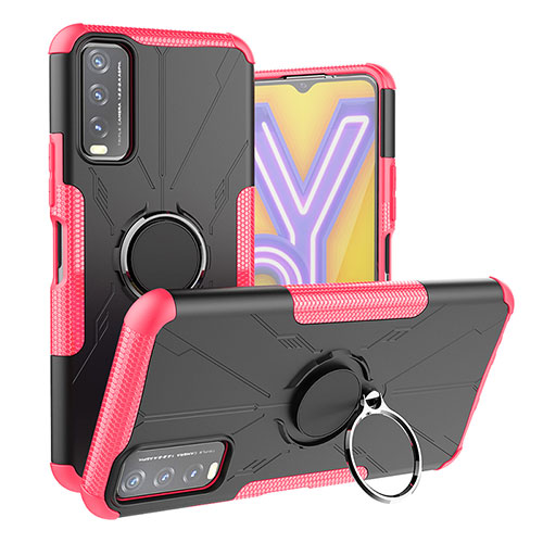 Silicone Matte Finish and Plastic Back Cover Case with Magnetic Finger Ring Stand JX1 for Vivo Y11s Hot Pink