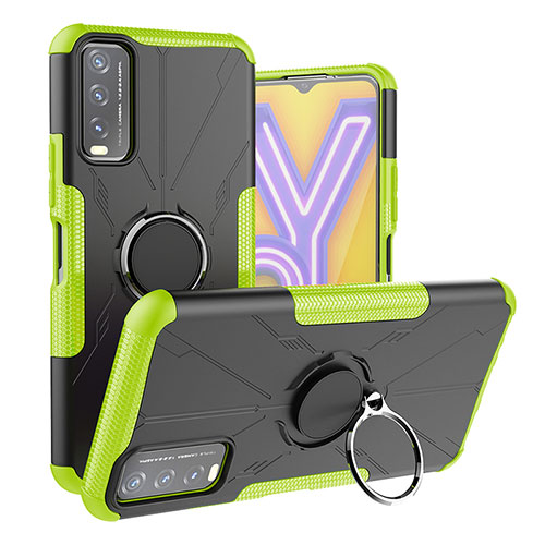 Silicone Matte Finish and Plastic Back Cover Case with Magnetic Finger Ring Stand JX1 for Vivo Y12s Green