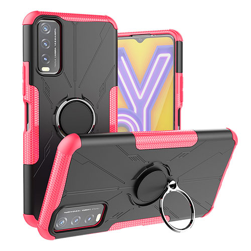 Silicone Matte Finish and Plastic Back Cover Case with Magnetic Finger Ring Stand JX1 for Vivo Y12s Hot Pink