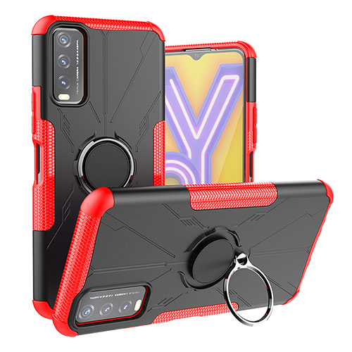 Silicone Matte Finish and Plastic Back Cover Case with Magnetic Finger Ring Stand JX1 for Vivo Y12s Red