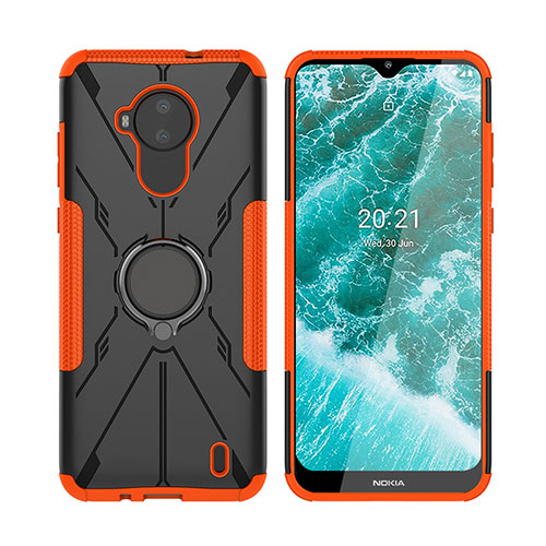 Silicone Matte Finish and Plastic Back Cover Case with Magnetic Finger Ring Stand JX2 for Nokia C30 Orange
