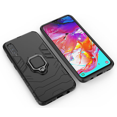 Silicone Matte Finish and Plastic Back Cover Case with Magnetic Finger Ring Stand KC1 for Samsung Galaxy A70 Black