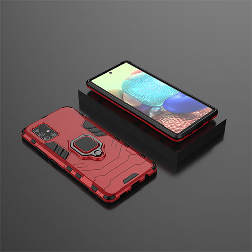 Silicone Matte Finish and Plastic Back Cover Case with Magnetic Finger Ring Stand KC1 for Samsung Galaxy A71 4G A715 Red