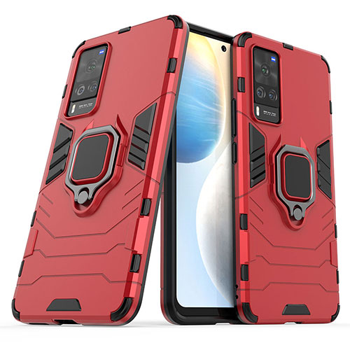Silicone Matte Finish and Plastic Back Cover Case with Magnetic Finger Ring Stand KC1 for Vivo X60 Pro 5G Red