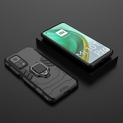 Silicone Matte Finish and Plastic Back Cover Case with Magnetic Finger Ring Stand KC1 for Xiaomi Mi 10T 5G Black