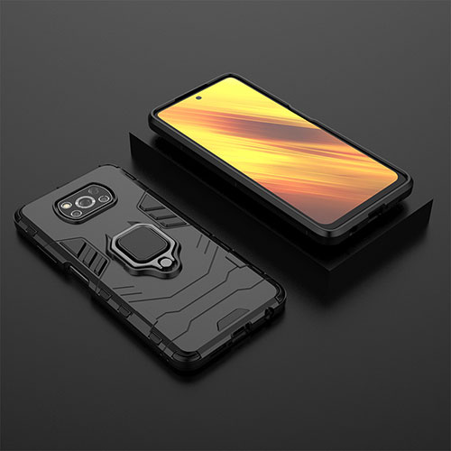 Silicone Matte Finish and Plastic Back Cover Case with Magnetic Finger Ring Stand KC1 for Xiaomi Poco X3 NFC Black