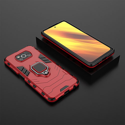 Silicone Matte Finish and Plastic Back Cover Case with Magnetic Finger Ring Stand KC1 for Xiaomi Poco X3 NFC Red