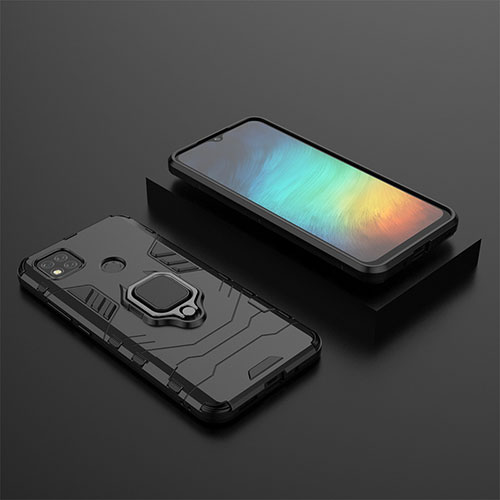 Silicone Matte Finish and Plastic Back Cover Case with Magnetic Finger Ring Stand KC1 for Xiaomi Redmi 10A 4G Black