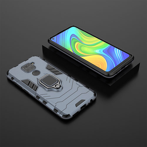 Silicone Matte Finish and Plastic Back Cover Case with Magnetic Finger Ring Stand KC1 for Xiaomi Redmi Note 9 Blue