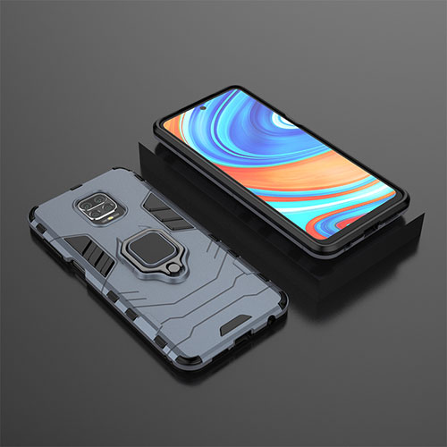 Silicone Matte Finish and Plastic Back Cover Case with Magnetic Finger Ring Stand KC1 for Xiaomi Redmi Note 9 Pro Blue