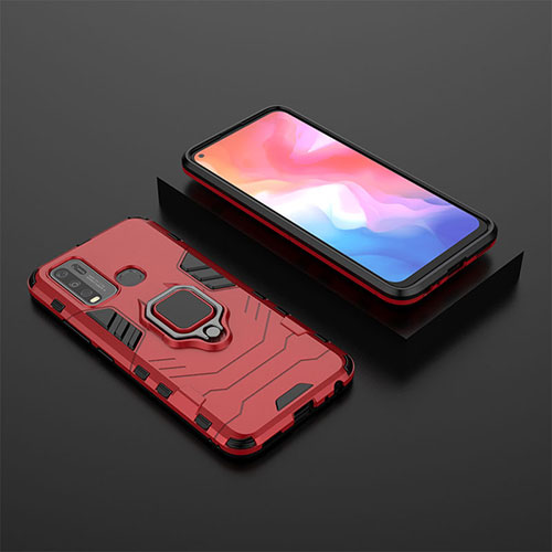 Silicone Matte Finish and Plastic Back Cover Case with Magnetic Finger Ring Stand KC2 for Vivo Y50 Red