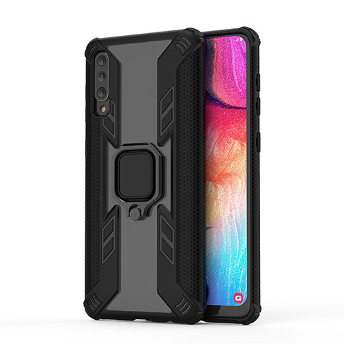 Silicone Matte Finish and Plastic Back Cover Case with Magnetic Finger Ring Stand KC3 for Samsung Galaxy A50 Black