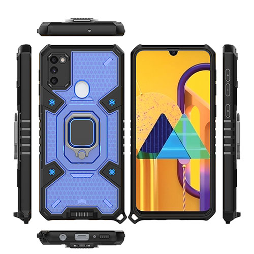 Silicone Matte Finish and Plastic Back Cover Case with Magnetic Finger Ring Stand KC3 for Samsung Galaxy M30s Blue