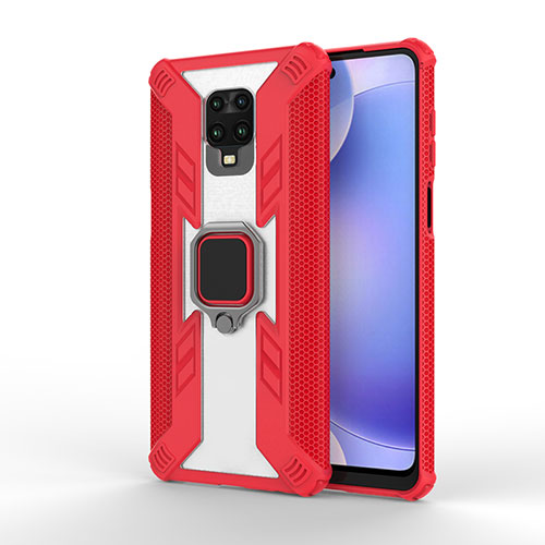 Silicone Matte Finish and Plastic Back Cover Case with Magnetic Finger Ring Stand KC3 for Xiaomi Redmi Note 9 Pro Max Red
