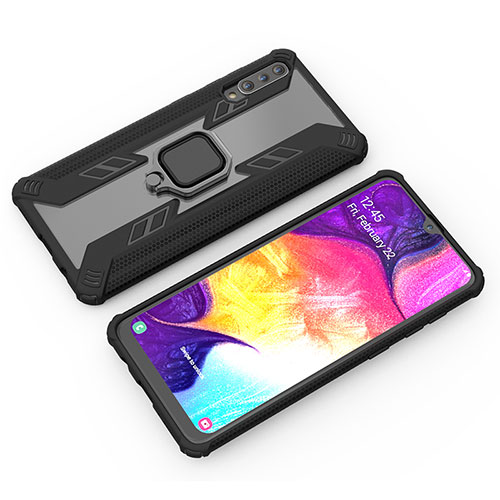 Silicone Matte Finish and Plastic Back Cover Case with Magnetic Finger Ring Stand KC4 for Samsung Galaxy A50 Black