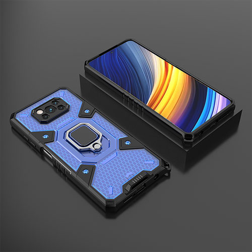 Silicone Matte Finish and Plastic Back Cover Case with Magnetic Finger Ring Stand KC4 for Xiaomi Poco X3 NFC Blue
