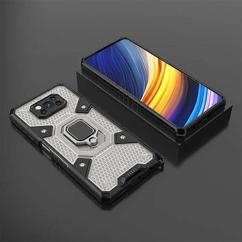 Silicone Matte Finish and Plastic Back Cover Case with Magnetic Finger Ring Stand KC4 for Xiaomi Poco X3 Pro Black