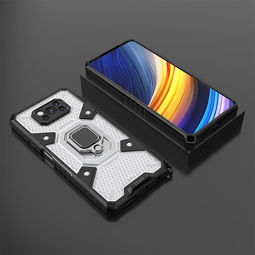 Silicone Matte Finish and Plastic Back Cover Case with Magnetic Finger Ring Stand KC4 for Xiaomi Poco X3 Pro White