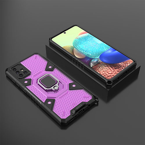Silicone Matte Finish and Plastic Back Cover Case with Magnetic Finger Ring Stand KC5 for Samsung Galaxy A71 5G Purple