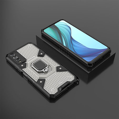 Silicone Matte Finish and Plastic Back Cover Case with Magnetic Finger Ring Stand KC5 for Vivo Y20s Black