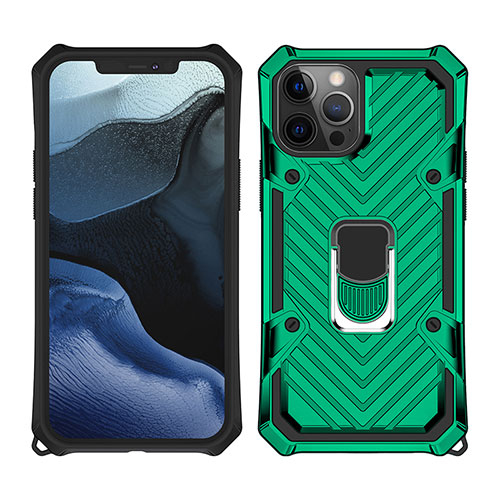 Silicone Matte Finish and Plastic Back Cover Case with Magnetic Finger Ring Stand M01 for Apple iPhone 12 Pro Max Green