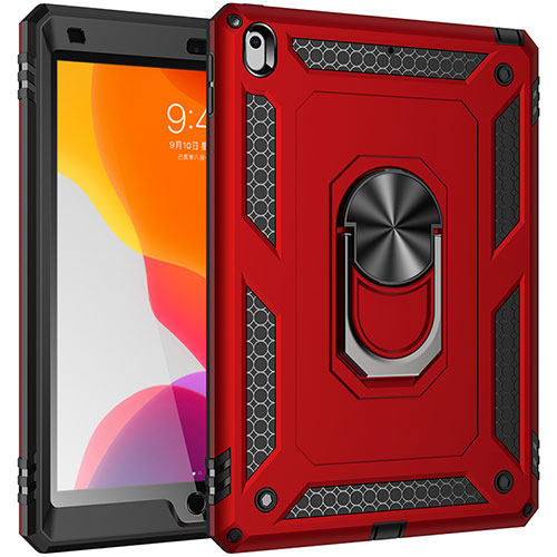 Silicone Matte Finish and Plastic Back Cover Case with Magnetic Finger Ring Stand MQ1 for Apple iPad 10.2 (2020) Red