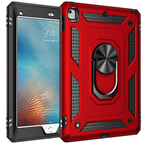 Silicone Matte Finish and Plastic Back Cover Case with Magnetic Finger Ring Stand MQ1 for Apple iPad Air 2 Red
