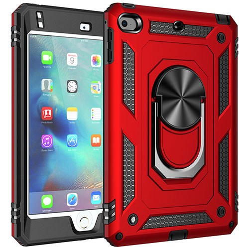 Silicone Matte Finish and Plastic Back Cover Case with Magnetic Finger Ring Stand MQ1 for Apple iPad Mini 5 (2019) Red