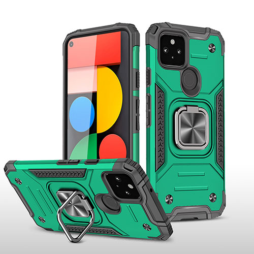 Silicone Matte Finish and Plastic Back Cover Case with Magnetic Finger Ring Stand MQ1 for Google Pixel 5 Midnight Green