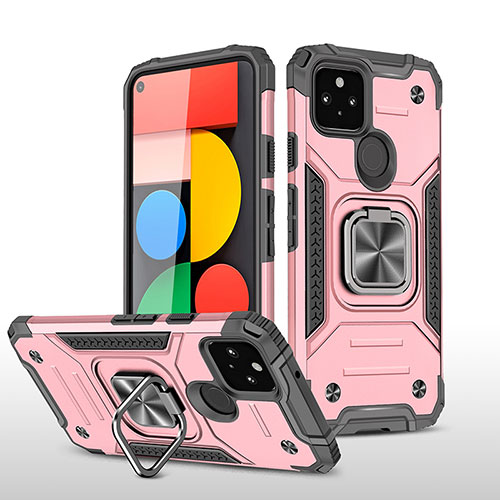 Silicone Matte Finish and Plastic Back Cover Case with Magnetic Finger Ring Stand MQ1 for Google Pixel 5 Rose Gold