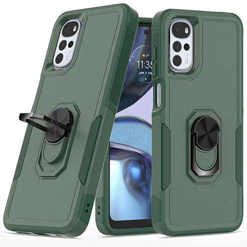 Silicone Matte Finish and Plastic Back Cover Case with Magnetic Finger Ring Stand MQ1 for Motorola Moto G22 Midnight Green
