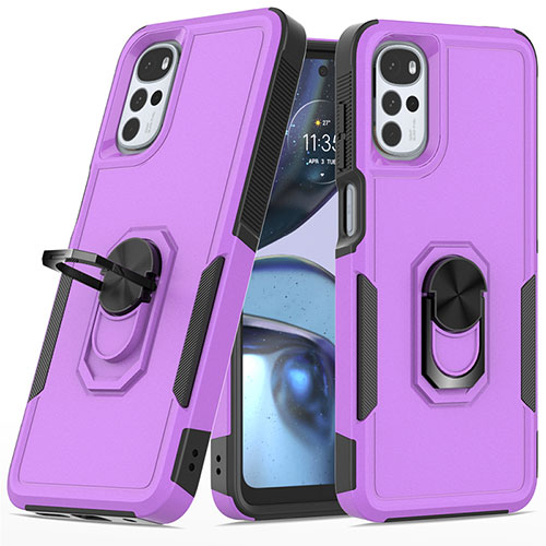 Silicone Matte Finish and Plastic Back Cover Case with Magnetic Finger Ring Stand MQ1 for Motorola Moto G22 Purple