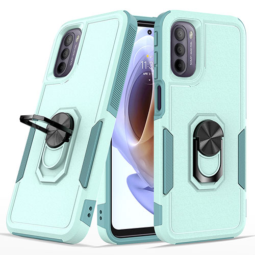 Silicone Matte Finish and Plastic Back Cover Case with Magnetic Finger Ring Stand MQ1 for Motorola Moto G41 Cyan