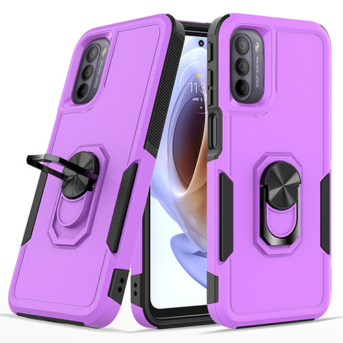 Silicone Matte Finish and Plastic Back Cover Case with Magnetic Finger Ring Stand MQ1 for Motorola Moto G41 Purple