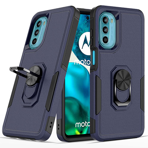 Silicone Matte Finish and Plastic Back Cover Case with Magnetic Finger Ring Stand MQ1 for Motorola MOTO G52 Blue